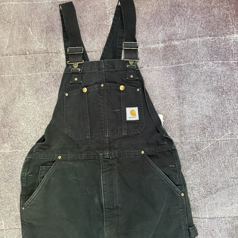 Men's Vintage Carhartt USA Black Double Knee Front Duck Bib Overalls Sz 36 X 28 - Picture 3 of 6